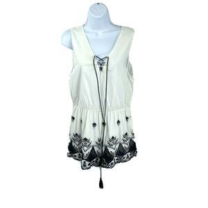 J by J.O.A. White Blue ROMPER Sz Large Embroidered Tassel Jumper Lace Up